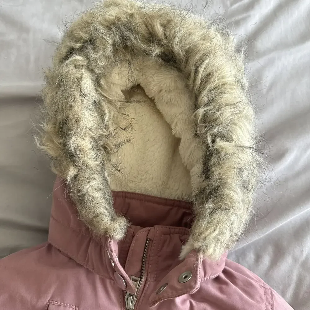 H&M Girls 3T Pink Hooded Puffer Jacket Faux Fur Trim Mid-Length Winter Outdoor